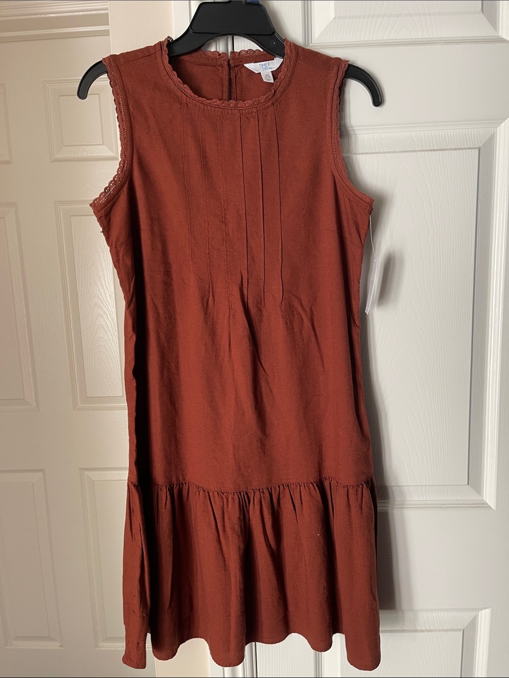 Time and Tru Rust Sleeveless Pintuck Drop-Waist Dress